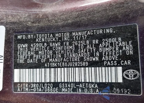 2018 Toyota Avalon Xle from USA, damaged, VIN 4T1BK1EBXJU282589
